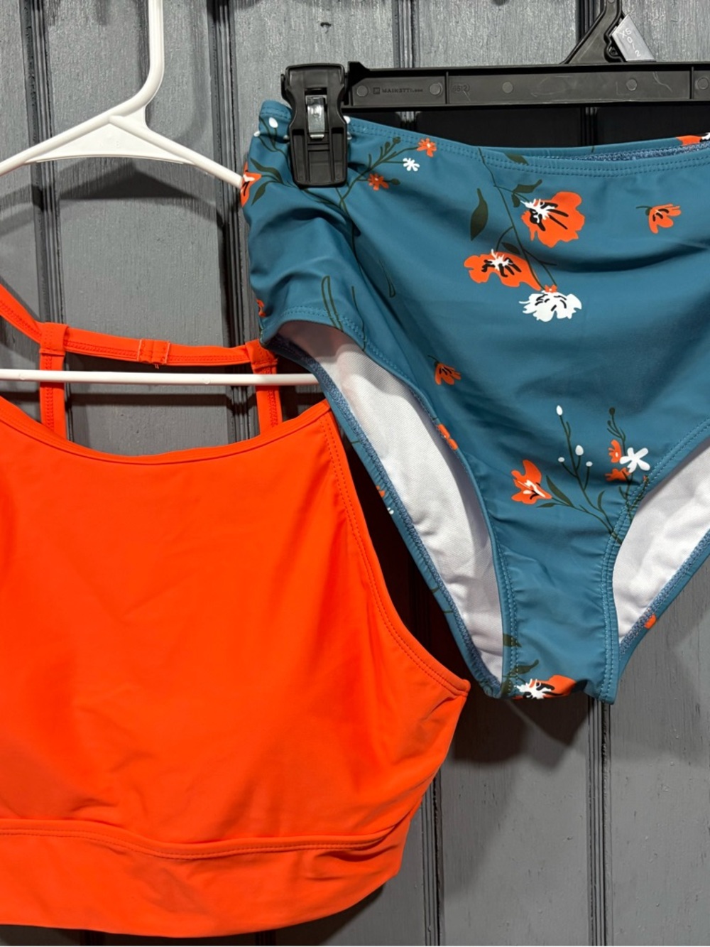 Orange Crop Bikini Top with Teal Floral High-Waist Bottoms